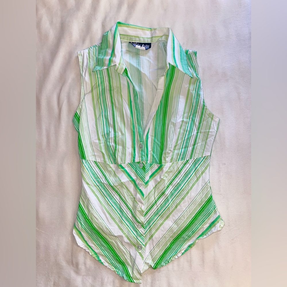 Y2K Street-code Green Striped Collared Button Down Tank